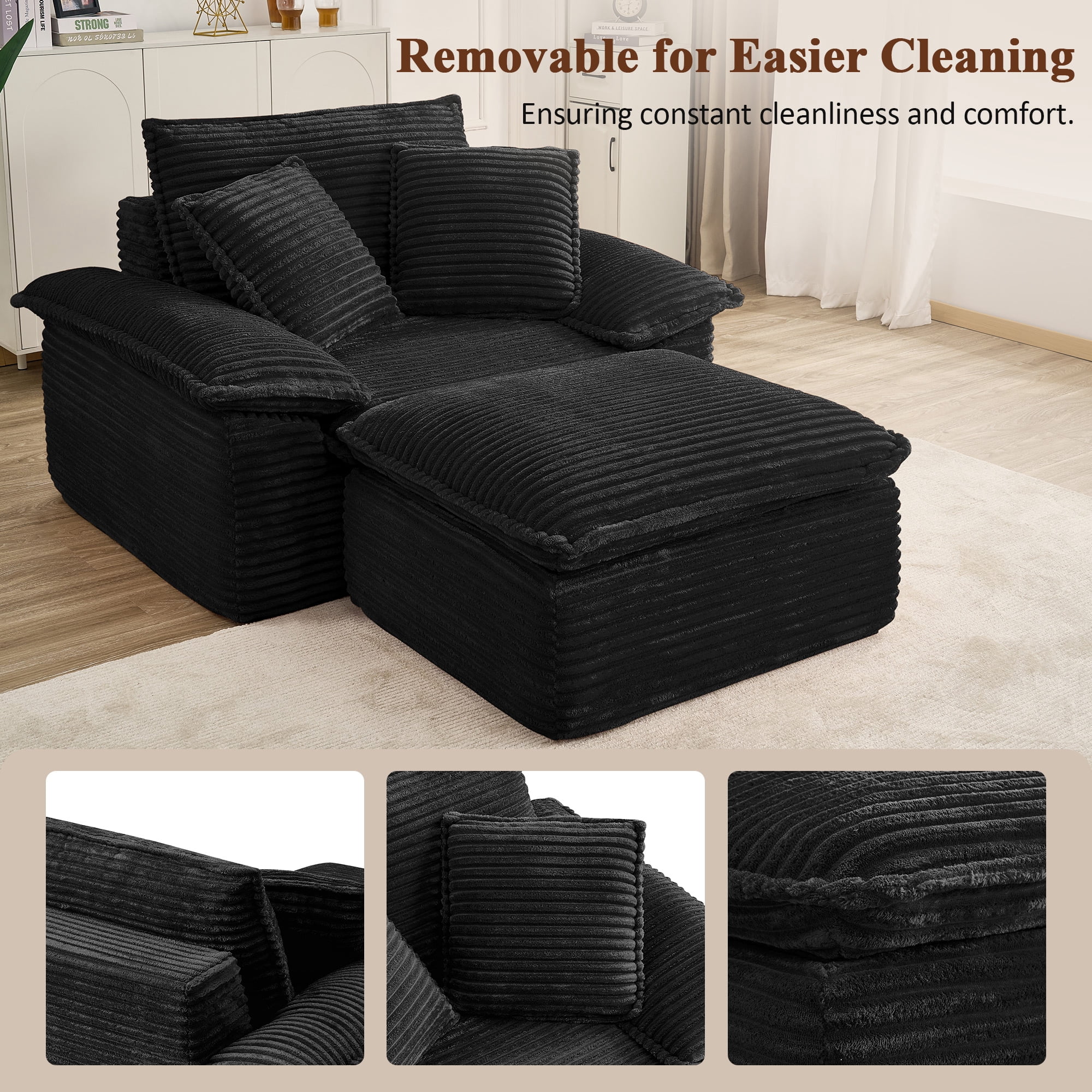 Aukfa 63.5" Oversized Chaise Lounge Sofa with Movable 2-Layer Ottoman, Deep Seat Boneless Couch, Corduroy Lounge Chair, Black