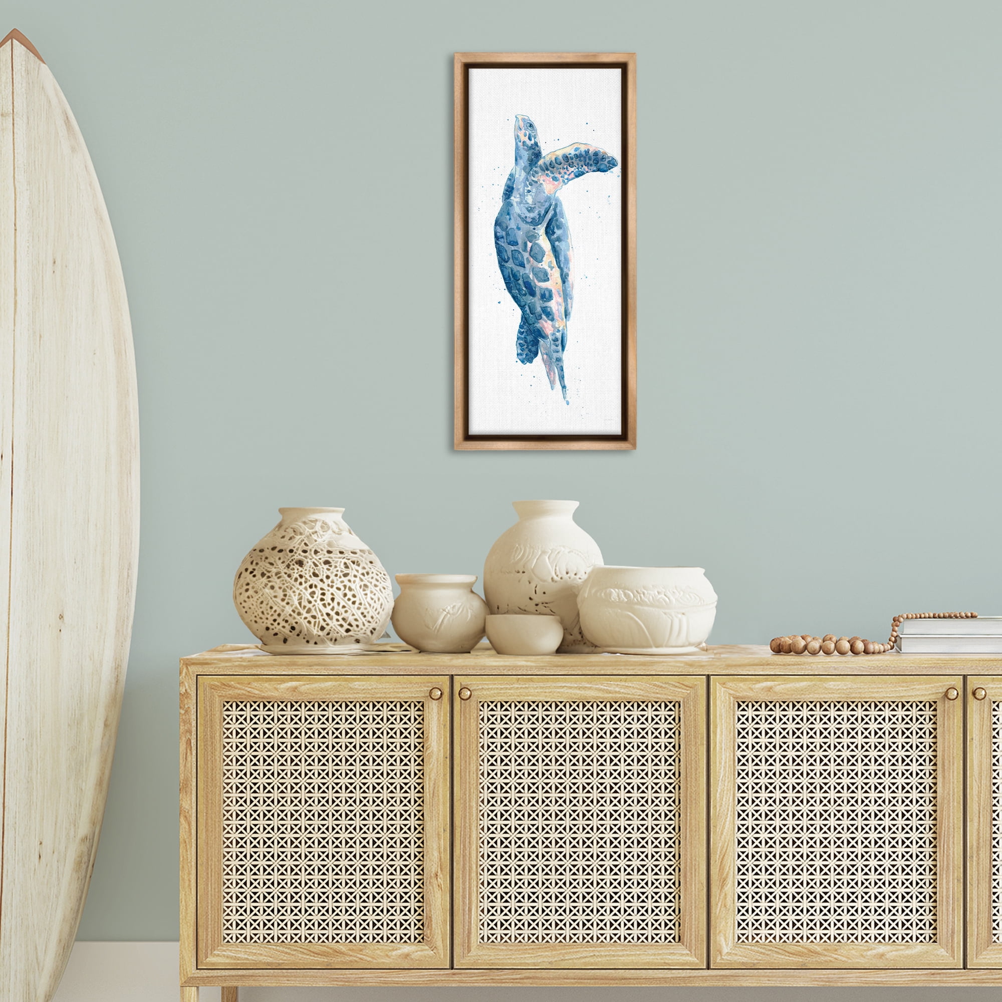 Stupell Industries Blue Turtle Swimming Animals & Insects Painting Brown Floater Framed Canvas Art Print Wall Art, 15 x 31