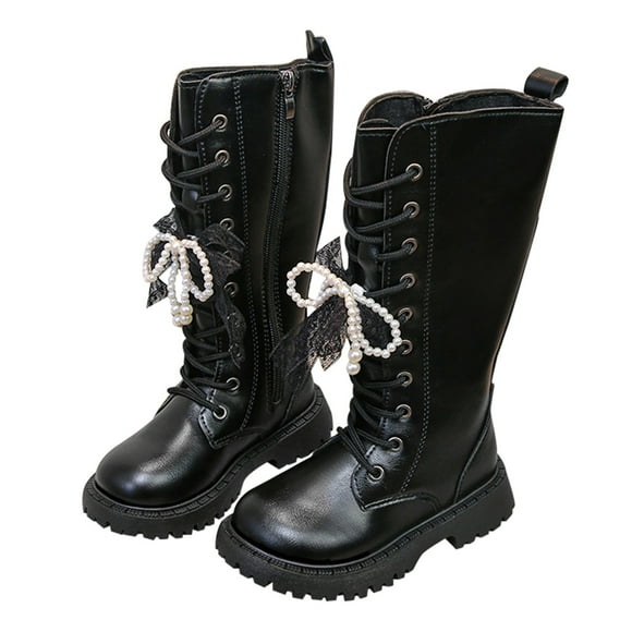 NOKIO Girls Mid Calf Riding Boots, Leather Lac𝖾 Up Knee High Winter Boots with 𝖶aterproof and Cozy Side Zipper, Fashionable Footwear for Kids, Keep Warm in Cold Weather