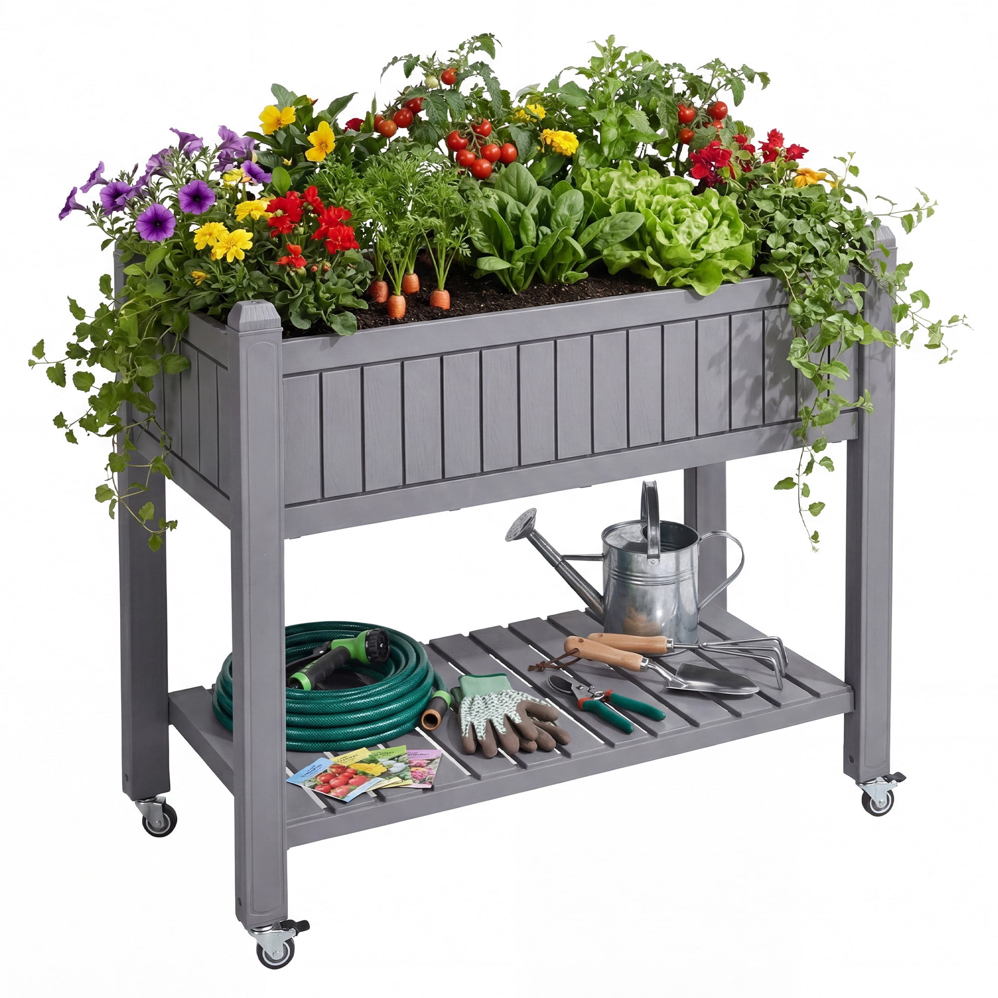Uforic Mobile Raised Garden Bed 42.5x17.3x35.4 in, Elevated Plastic Planter Box with Drain Plug, Storage Shelf & Wheels, Light Brown