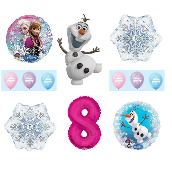 Frozen 8th Birthday Anna ELSA Olaf Snowman Snowflake 12 Piece Birthday Party Balloons Bouquet Set Pink