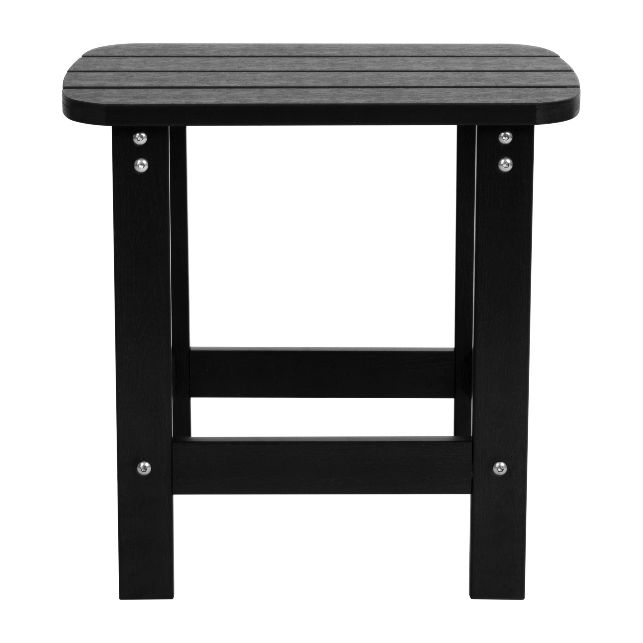Emma + Oliver Set of 2 Classic All-Weather Poly Resin Rocking Adirondack Chairs in Black with Matching Side Table for Year Round Use