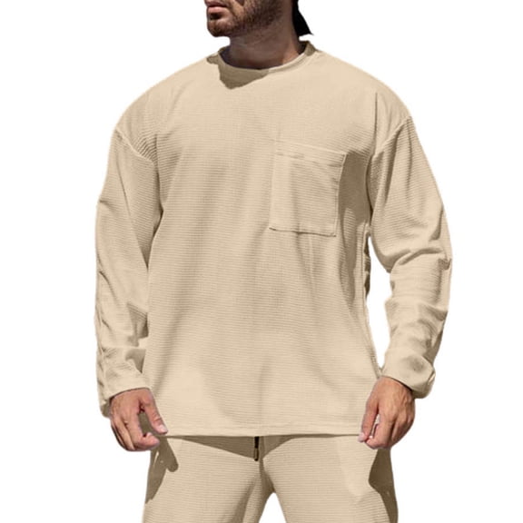 Yievot Men's Long Sleeve Tee Shirts Waffle Crew Neck Pocket T Shirts Solid Color Casual Basic Tops