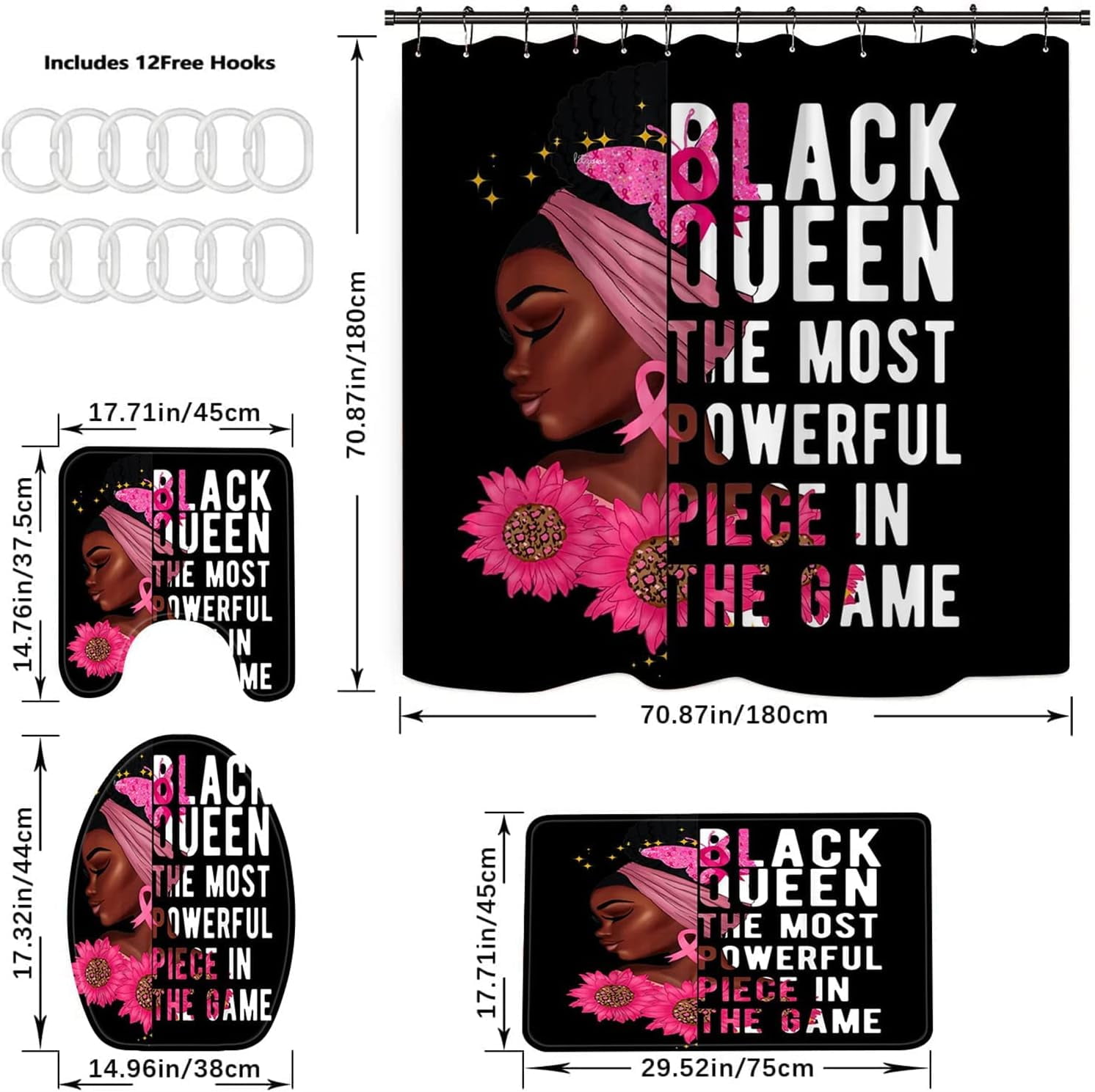 Paris View Sexy Black Woman Shower Curtains for Bathroom, African American with Pink Roses Bathroom Sets with Shower Curtains and Rugs, Eiffel Tower Afro Woman Bath Curtains