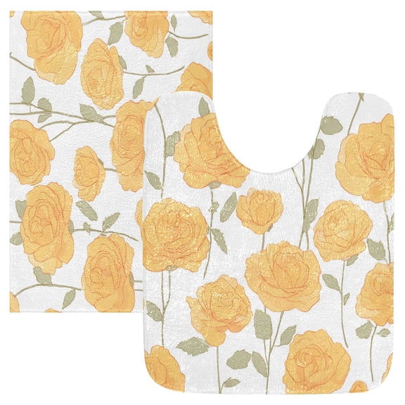 2 Piece Bath Mat Set with U-Shaped Toilet Mat and Rectangle Bath Rugs Non Slip Machine Washable Bathroom Mats Yellow Roses Pattern