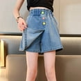 thumbnail image 2 of Girls Denim Shorts Size 10-12 Button Stretchable Short Pants Elastic High Waist Casual Summer Skirt Shorts Blue 120, 2 of 6