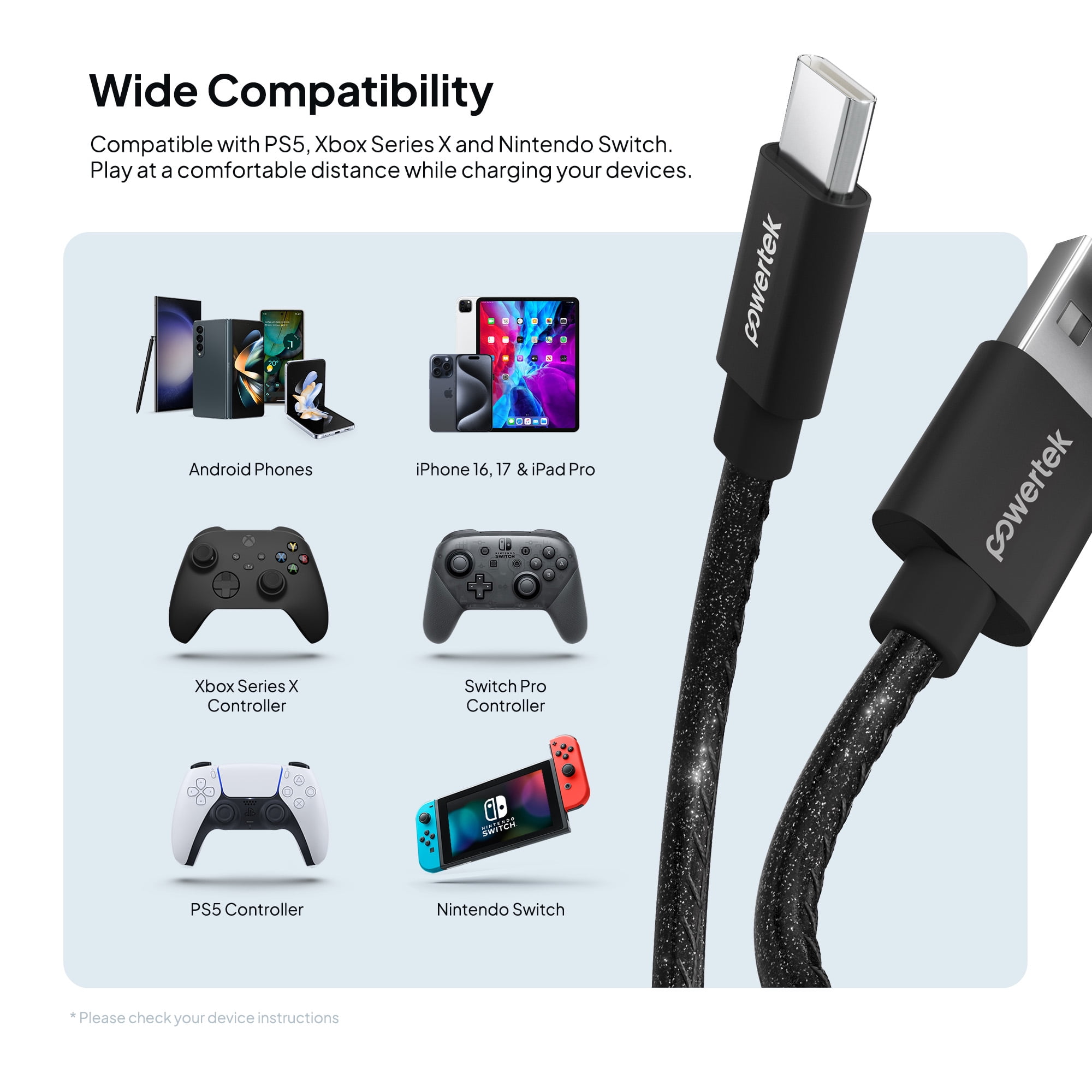 Powertek USB-A to USB-C Cable, Fast Charging Type-C Charger Cord, Durable Tangle-Resistant Sync Cable, Black Glitter, 6FT