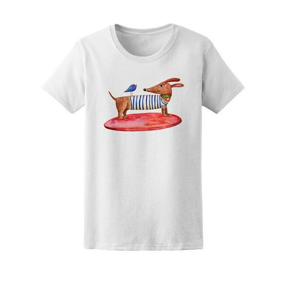 Cool Watercolor Dog With Bird T-Shirt Women -Image by Shutterstock, Female x-Large