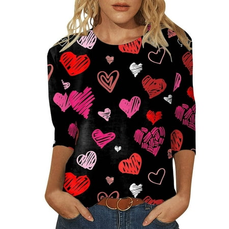 

Womens 3/4 Sleeves Blouse Fashion Retro Valentine s Day Love Printing Pullover Casual Loose Crew Neck Ladies Tunics Sweatshirt Tops