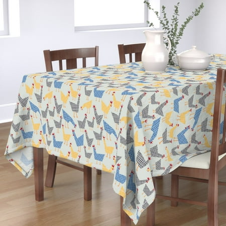 

Cotton Sateen Tablecloth 70 x 90 - Checkered Chickens Black White Blue Yellow Gold Gingham Check Print Custom Table Linens by Spoonflower