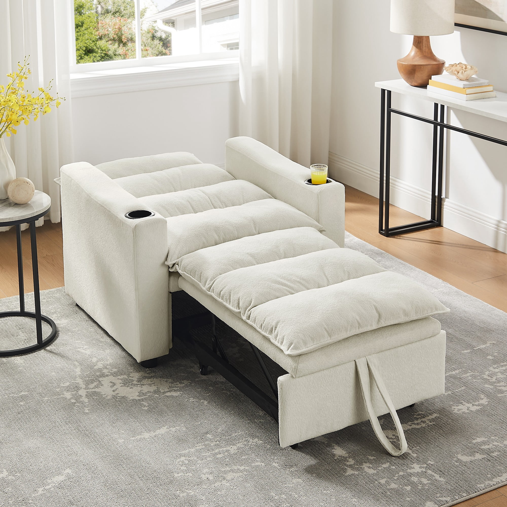 Aukfa Sleeper Sofa Chair Bed with Thick Pad and Cup Holders, Convertible Pull Out Sofa Couch, Beige