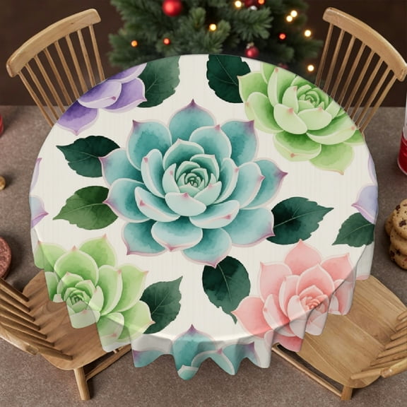 Flowers Succulent in Watercolor Painting Style Colorful Spring Blossoms Gardening tablecloth round, Kitchen Accessories - Machine-Made Tablecloth for dining table, Cafe, picnic,60x60 Inch