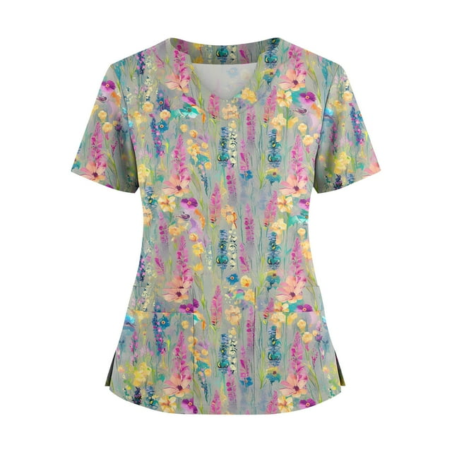 Ktyne Hauts de Sarrau pour Femmes, Col en V, Sarraus Médicaux à Manches Courtes, Tuniques d'Infirmière Extensibles, Blouse de Mode, Haut de Sarrau avec Poche, Violet Rose m