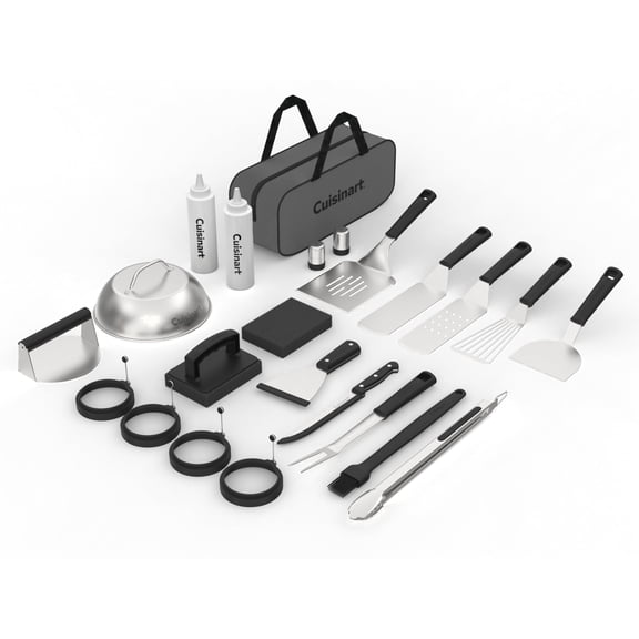 24-Piece Stainless Steel Griddle Set - Heavy Duty BBQ Grill Tools with Spatulas, Melting Dome & Smash Burger Press, Includes Storage Tote, Perfect for BBQ, Tailgating and Camping