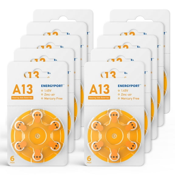 ENERGYPORT Size 13 Hearing Aid Batteries, 60 Count Long-Lasting Battery Pack, Orange Long Tab for Easy Change
