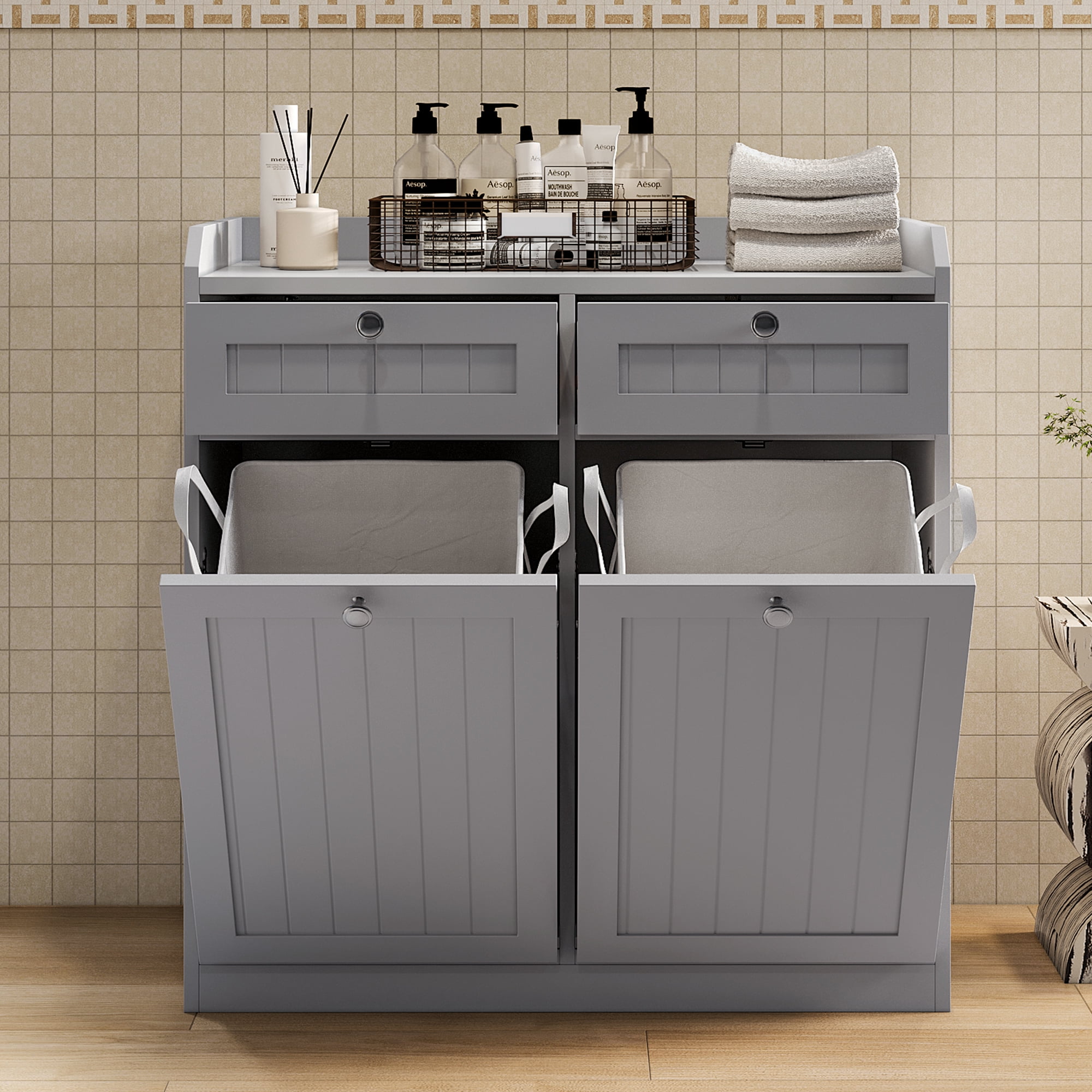 Tilt Out Laundry Cabinet Bathroom Laundry Cabinet Bathroom Storage Cabinet with 2 Hampers Baskets and Drawers,Gray