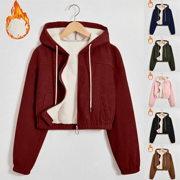 Gamivast Womens Fleece Lined Jackets Corduroy Lightweight Zip up Hooded Short Jacket with Pockets Winter Warm Drawstring Long Sleeve Coats Casual Elastic Hem Outerwear