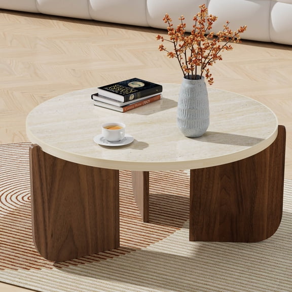 Round Travertine Texture Coffee Table – 28.4” Stone Coffee Table, Modern Design, Durable, Minimalist