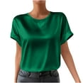 thumbnail image 2 of XUNKUSGA Tops for Women Classic Satin Silk Ladies Tops and Blouses Casual Crew Neck Short Sleeve Womens Blouses Comfortable Loose Soild Color Work Tunic Tops S-2XL Green, 2 of 9
