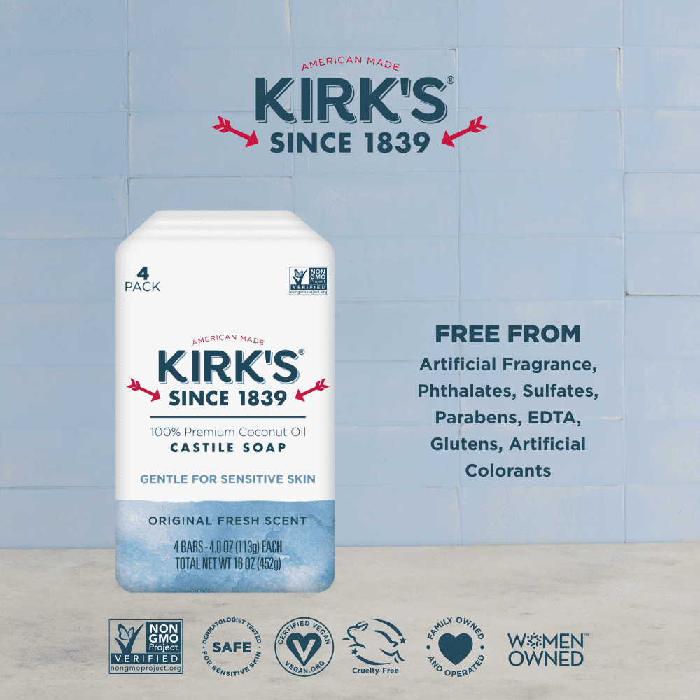 Kirk's Castile Bar Soap - Made With Premium Coconut Oil, Original Fresh Scent, 4 oz. Bars, 4 Pack