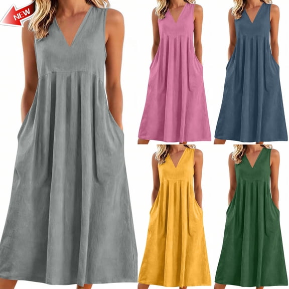 Taqqpue Women Linen Dress Crew Neck Sleeveless Sundress Beach Vacation Plus Size A Line Dress Casual Solid Color Flowy Swing Tank Dress with Pockets for Women