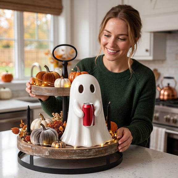 Cute Spooky Ghost Beverage Can Holder Figurines, 2026 Novelty Ghost Holding Soda Can Tabletop Ornaments, Halloween Decor for Desk, Bar, Home Party & Office Display