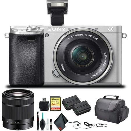 Sony Alpha a6300 Mirrorless Camera with 16-50mm Lens Silver ILCE-6300L/S With Sony 55-210mm Lens, Soft Bag, Additional Battery, 64GB Memory Card, Card Reader , Plus Essential Accessories