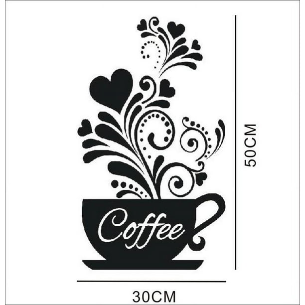 1 pieza 50 * 30 CM taza de café negro + pegatinas de pared de cocina de flores, decoración de café negro para cafetería y estación de café, pegatinas de arte de pared de cocina removibles JM