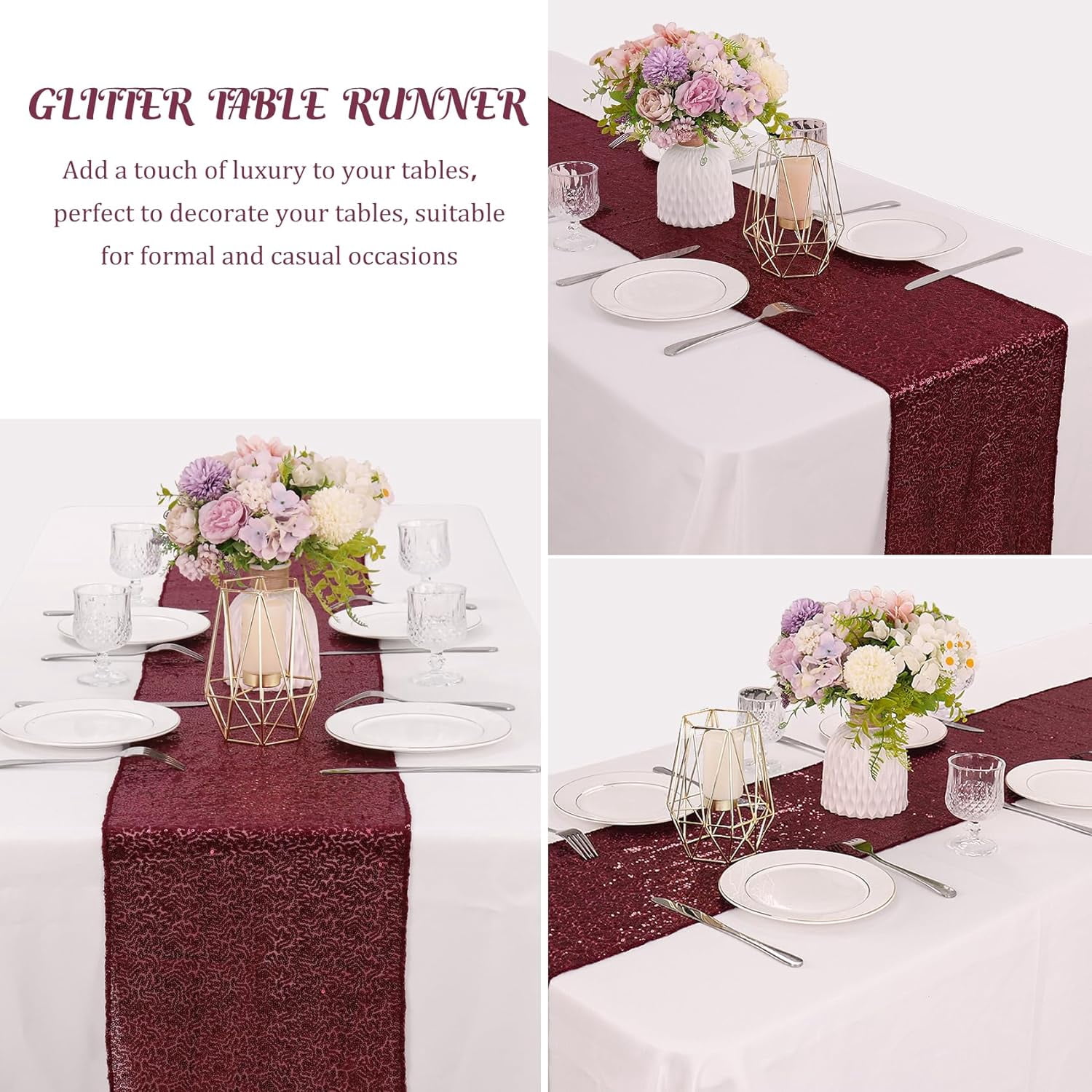 6 Pack Burgundy Sequin Table Runners 12" x 72" Sparkle Sequin Table Cloths for Wedding Party Banquet Bridal Shower Decorations
