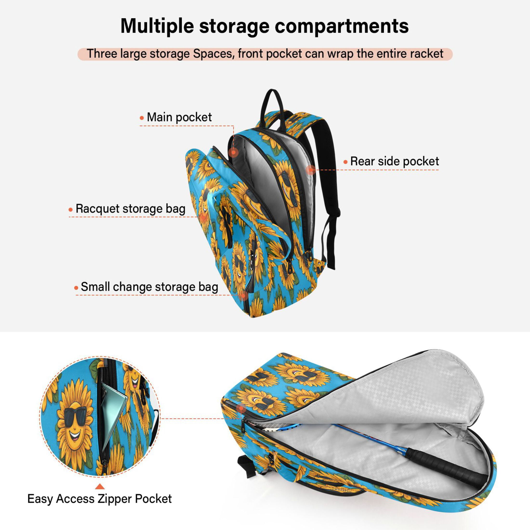 2 Racquet Holder Tennis Backpack Tennis Racket Covers Gym Bags Smiley Sunglasses Sunflowers