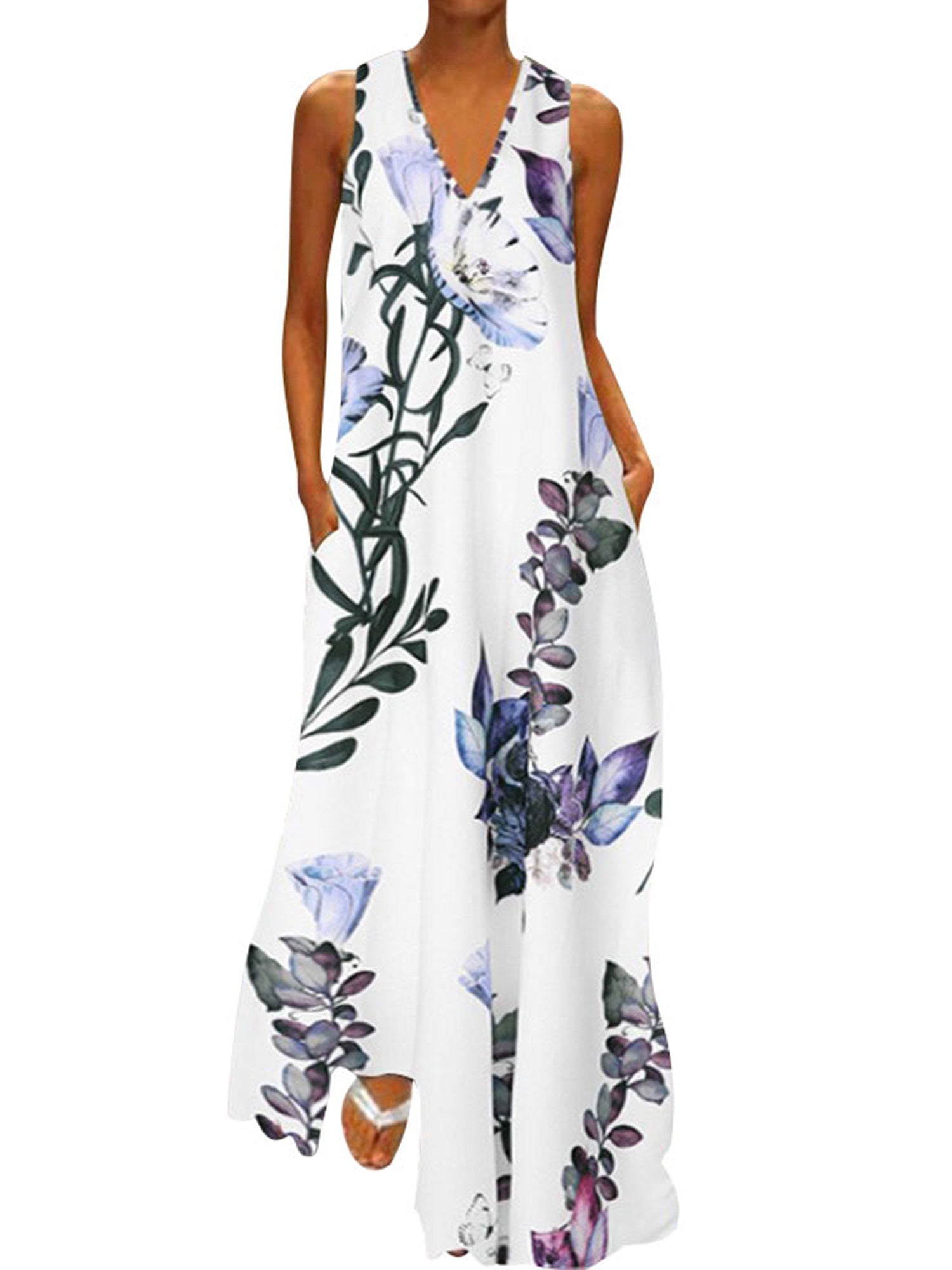 Women Floral Print Baggy Holiday Party Maxi Dress Loose Long Sleeveless Dresses