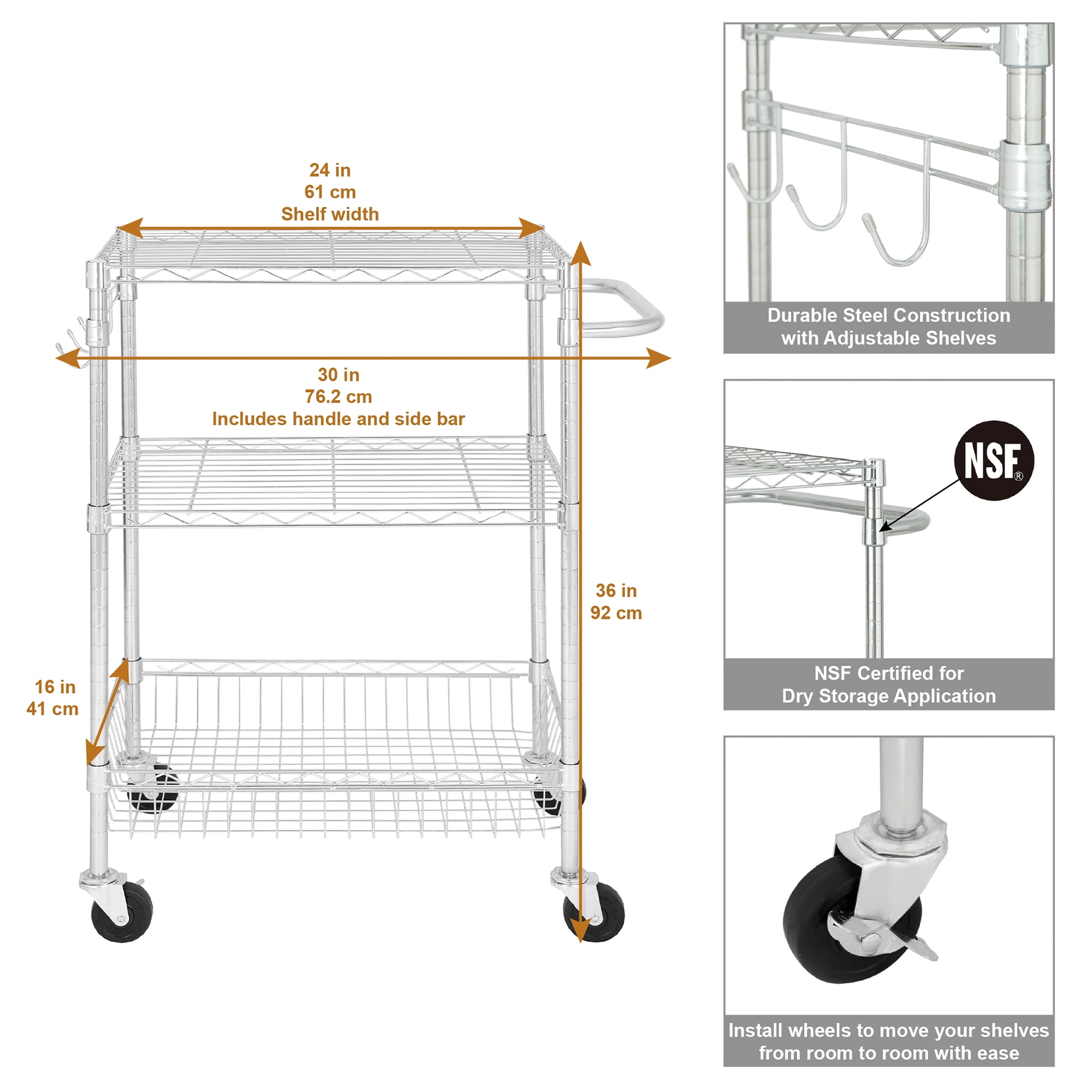Hyper Tough 3-Tier Multipurpose Rolling Cart, Chrome Color, 495 lb Load Capacity