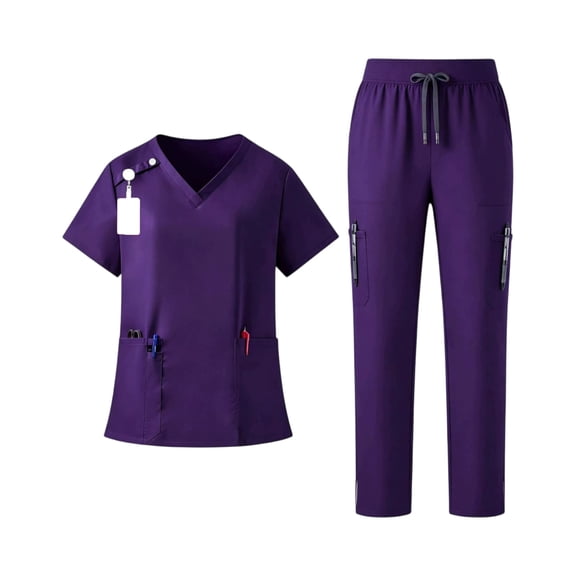 Scrubs for Women Set Curved V-Neck Scrub Top Jogger Pants with Multiple Pockets Dark Purple L