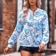 thumbnail image 2 of Abrigo clásico azul con cremallera para mujer: prenda informal elástica elegante para otoño, chaqueta bomber con estampado floral, talla M, 2 of 6