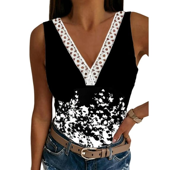 LilyLLL Womens Summer Lace Stitching Vest Tank Sleeveless Floral Blouse Tops