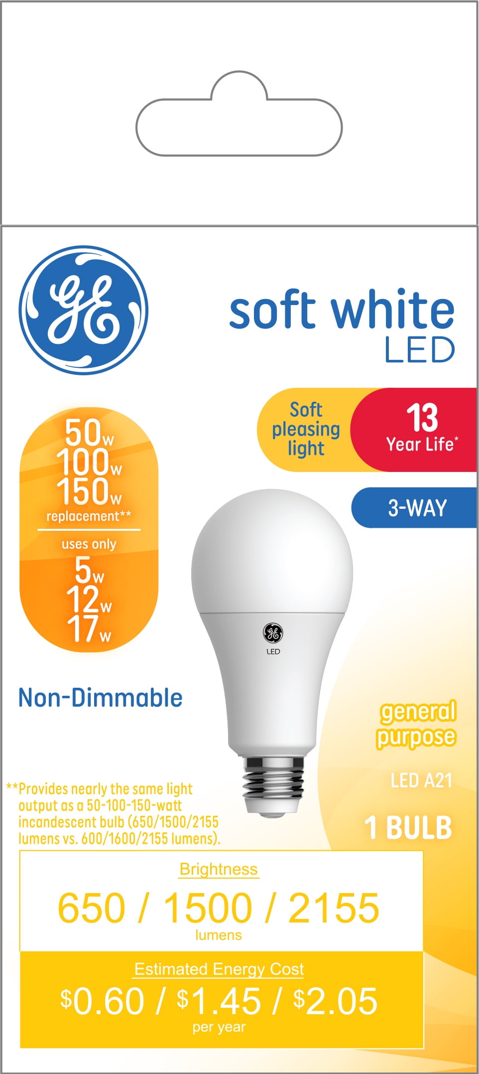 GE 3-Way LED Light Bulb, Soft White, 50/100/150 Watt Eqv, 13 year, 1pk