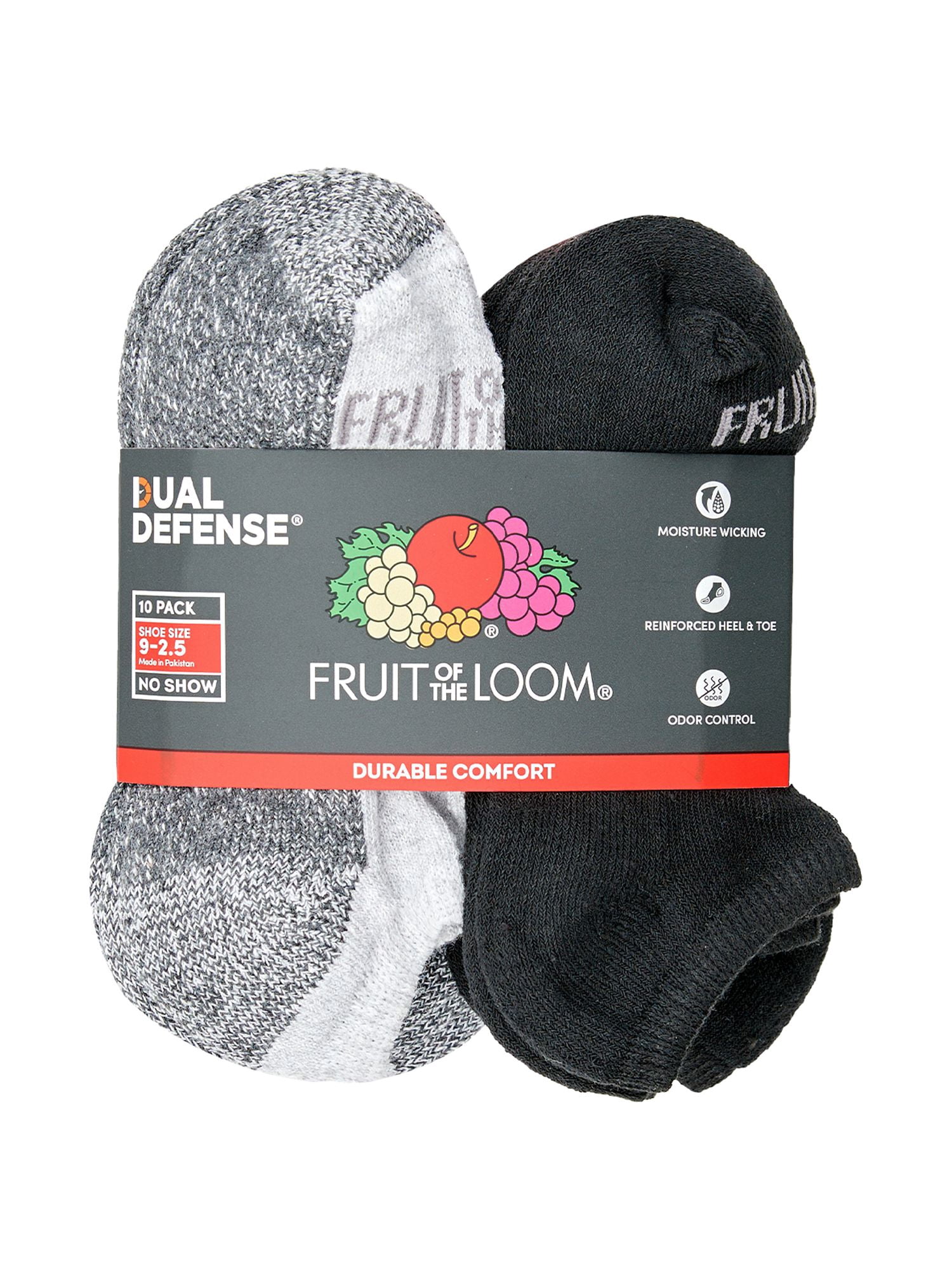 Fruit of The Loom Dual Defense No Show Socks for Boys, Assorted, Sizes 9-2.5 (10-Pack)