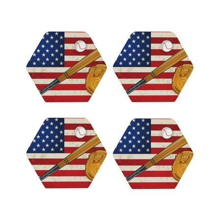 

Fuzoiu American Flag And Baseball Print Leather Coasters Set Drink Coasters Set of 4 for Tabletop Protection Durable PVC Coasters Home Décor and Housewarming Gift-Hexagon