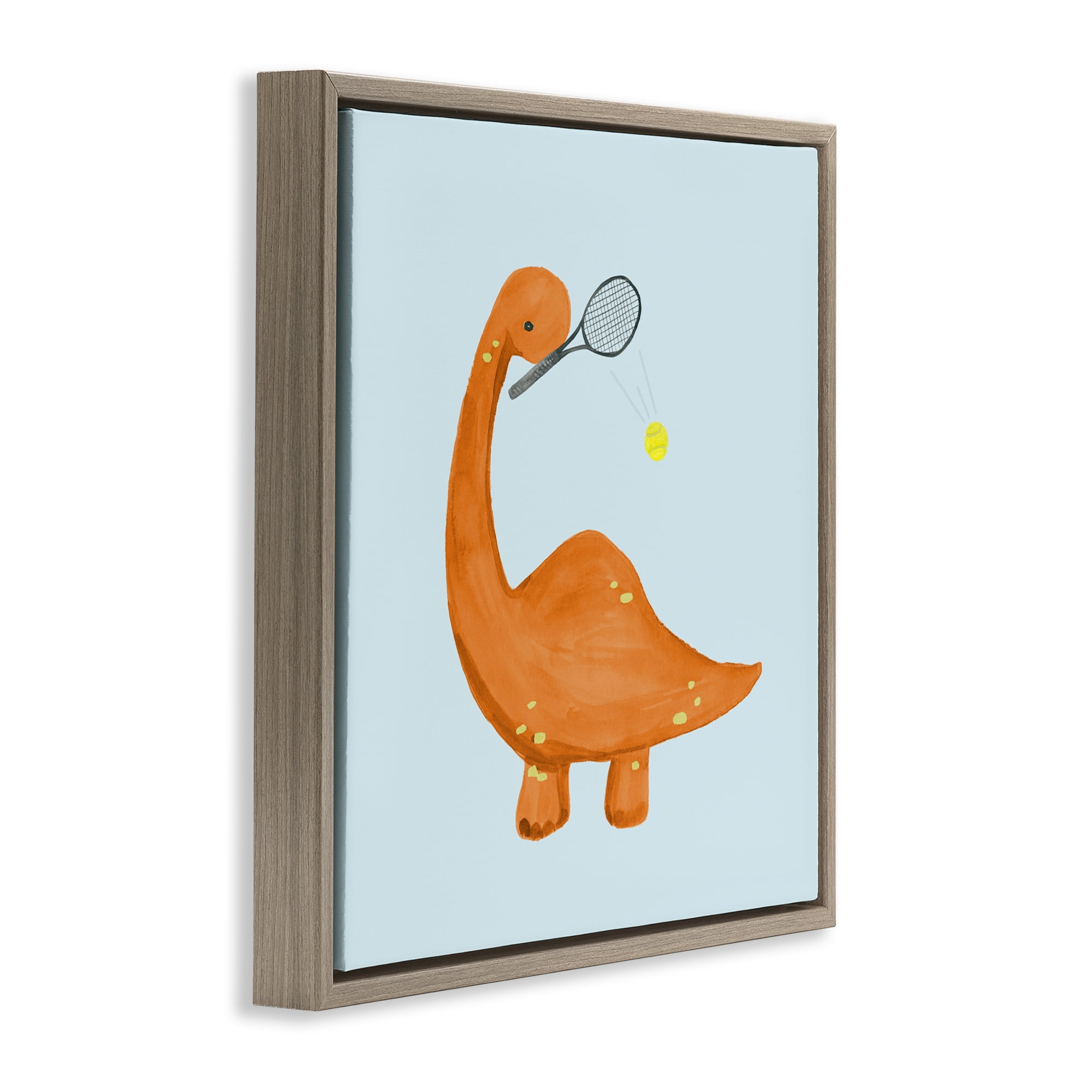 Stupell Industries Baby Dino Playing Tennis Brown Framed Floater Canvas Wall Art, design by Lucille Price