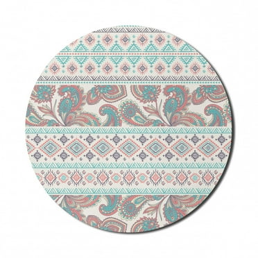 Tribal Mouse Pad for Computers, Paisley Patterns in Native in Mixed Pattern Floral Design, Round Non-Slip Thick Rubber Modern Gaming Mousepad, 8" Round, Cream Aqua and Coral, by Ambesonne
