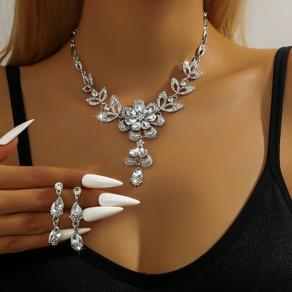 Faty-T Jewelry Sets for Women Trendy Wedding Guest Dress Crystal Flower Necklace Earrings Set Sparkly Prom Dresses Formal Dresses for Women Wedding Guest