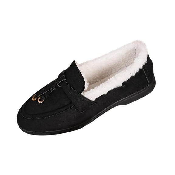 Black Womens Warm Loafers With Velvet Interior And Round Toe For Cold Weather Comfort