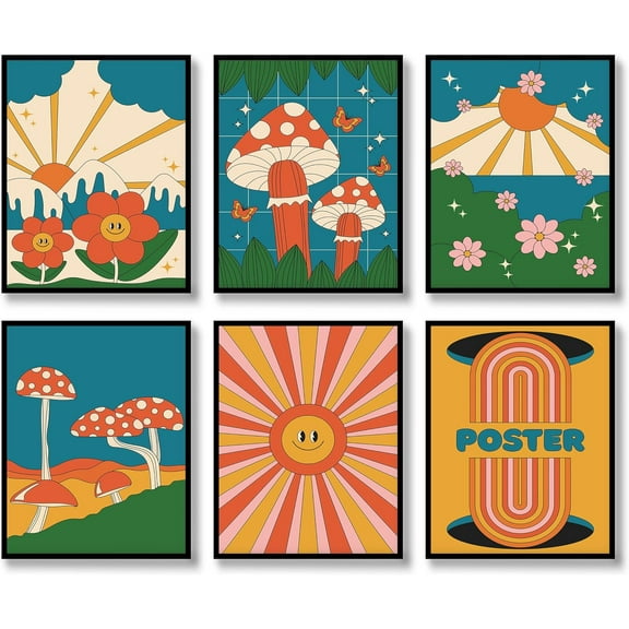 Hippie Wall Art Retro Floral Prints Set of 6 Hippie Flower Canvas Vintage Posters Aesthetic Abstract Happy Face Pictures Boho Positive Photos for Living room Bedroom Decoration 8x10inch Unframed