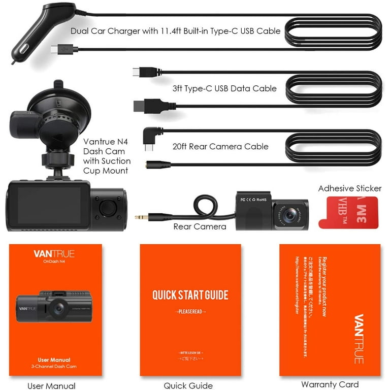 GPS Mount & OBD Hardwire cable included) Vantrue 3 Channel 4K Dash