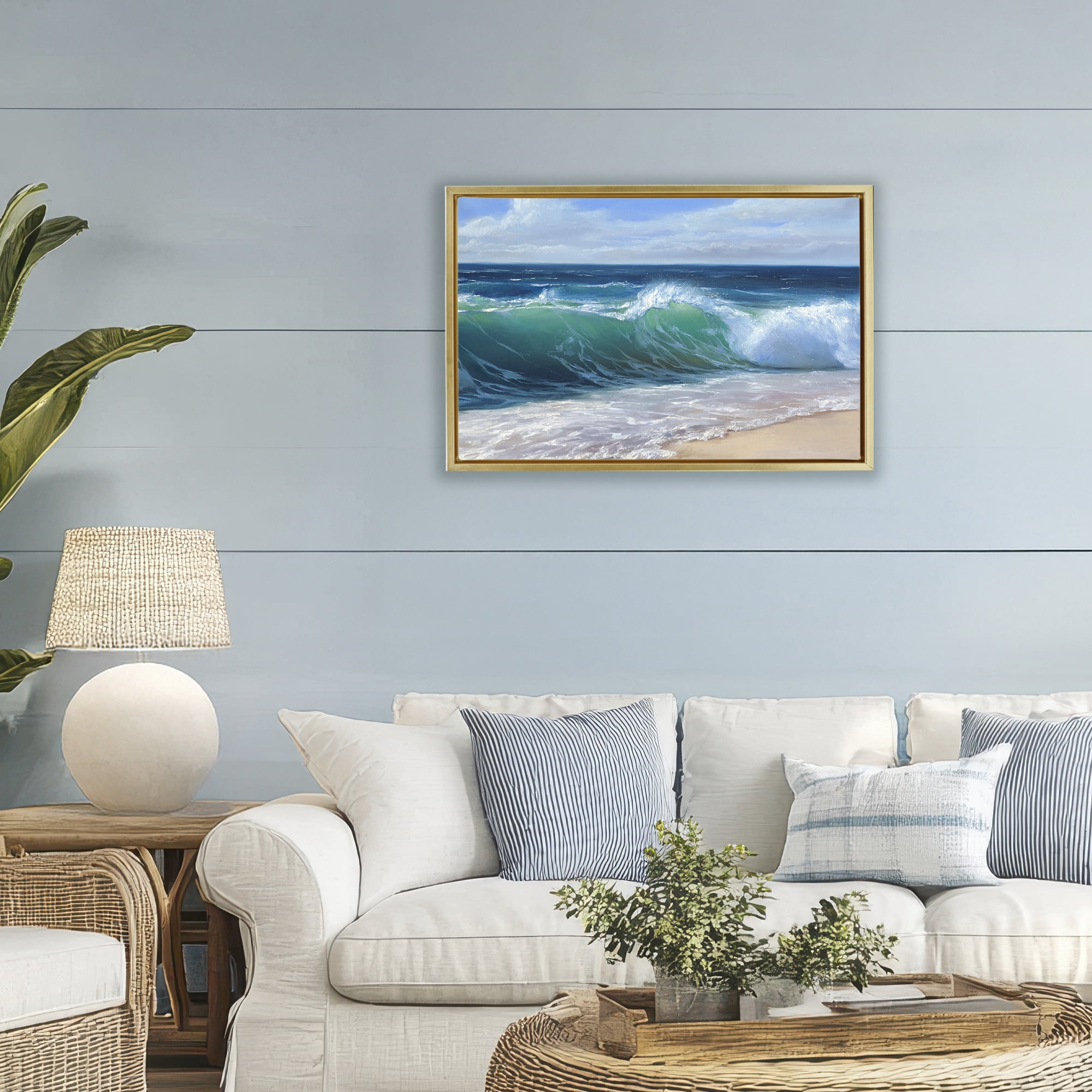 Stupell Industries Content Beach Waves Shore Gold Framed Floater Canvas Wall Art, design by Dimitri Sirenko