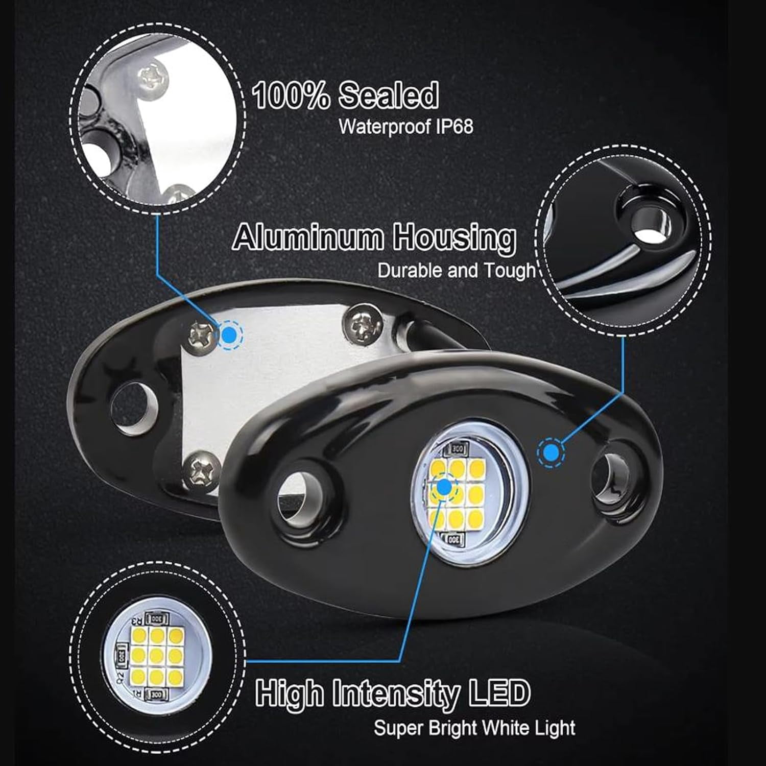 20 Pods White Rock Lights, Aluminium Metal LED Under Glow Lights with 6500K Pure White, Rubber Mounting Pads, IP67 Waterproof Rock Lights for Trucks Trailer Cars SUV ATV UTV Boats