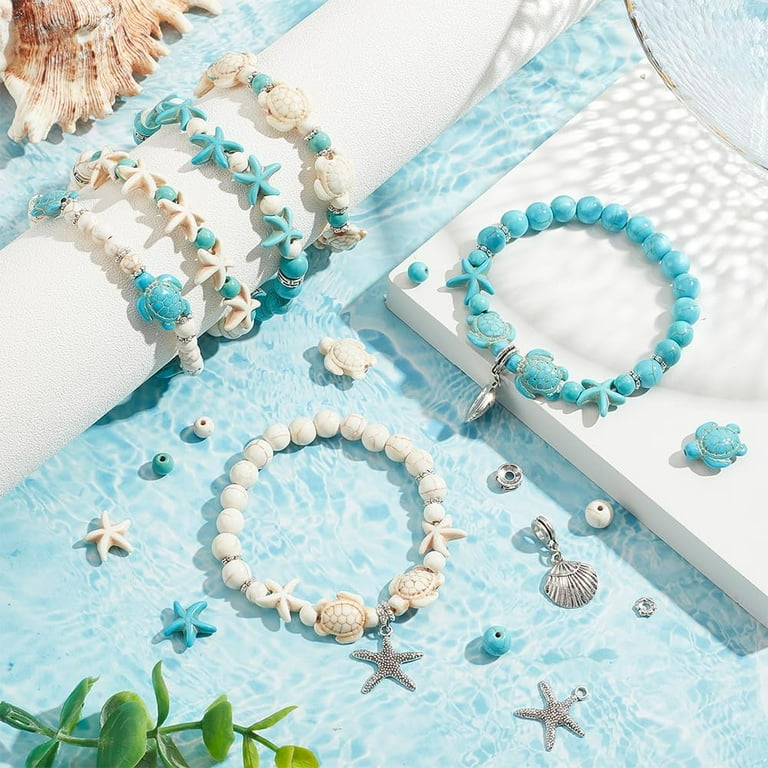 1 Box 6 Sets Ocean Theme Bracelet Making Kit Starfish Beads Turtle Beads Bulk Boho Hawaii Shell Charms Blue Ocean Bead Sea Animal Bead Shell Beads for Jewelry Making Kits DIY Supplies