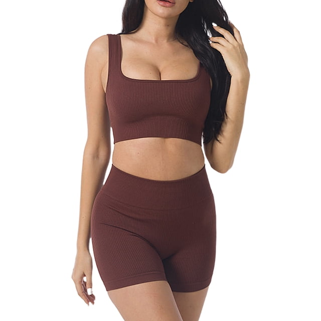 Conjuntos de entrenamiento para mujer, camiseta sin mangas acanalada de 2 piezas, sin costuras, cintura alta, conjunto de gimnasio, conjuntos cortos de yoga