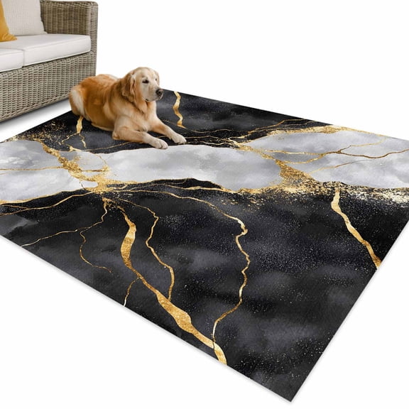 Outdoor Rug 3x5 ft Black And White Gold Waterproof Outdoor Patio Rug Mat Non Slip Outside Area Rugs Carpet for RV,Camping,Porch,Deck,Pool,Balconybackyard,Abstract Marble Textured