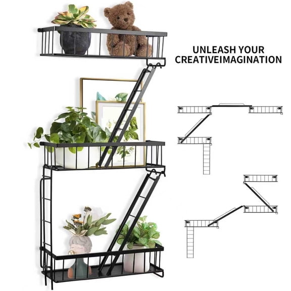 3-Tier Black Metal Ladder Shelf - Modular Industrial Wall Mounted Floating Shelves for Bedroom, Living Room & Office, Rent-Friendly